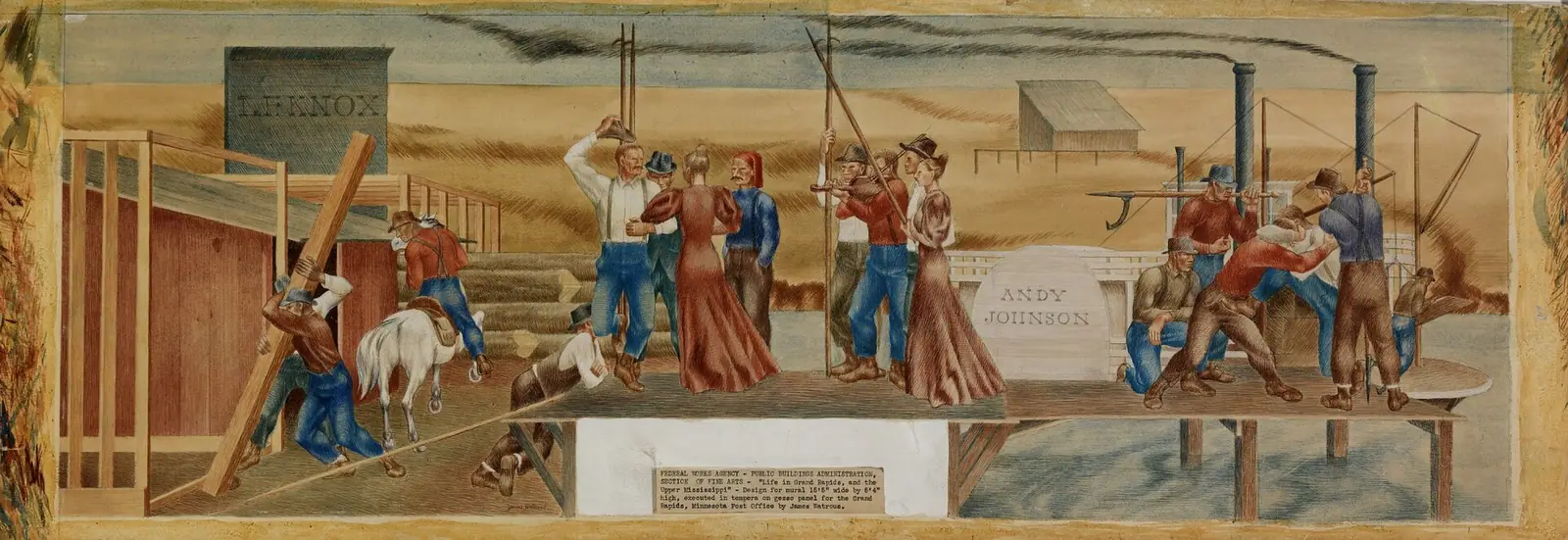Visitors standing in a daylit gallery looking at a large painting on a white wall