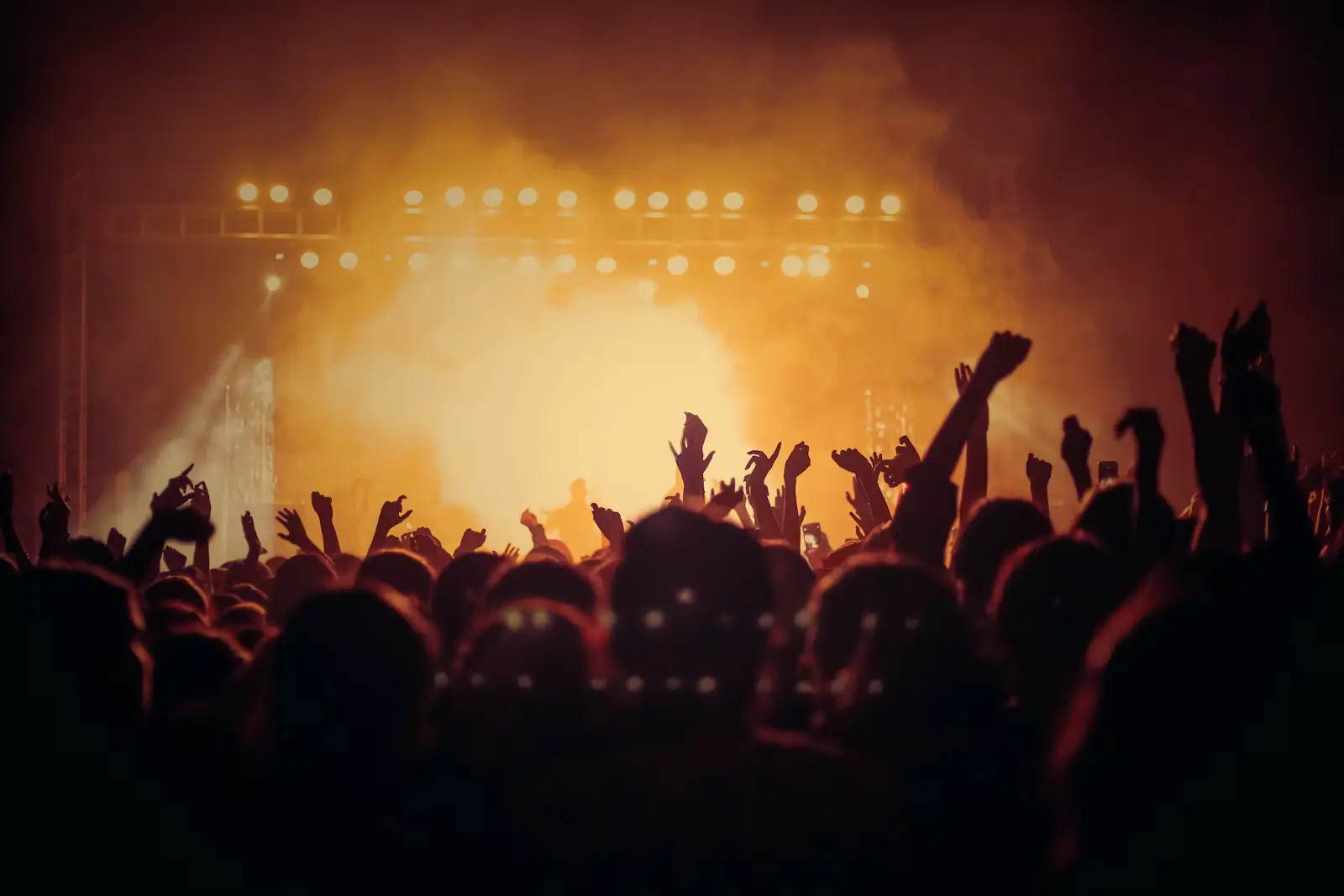 A band playing on a lit stage with the backs of an audience in the foreground