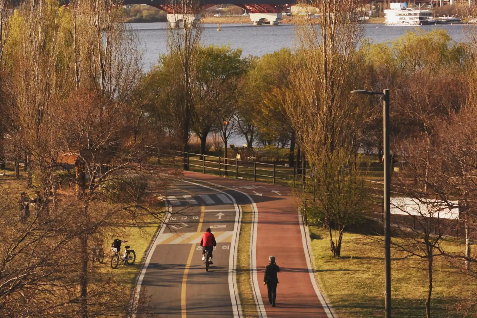 People cycling and walking along a paved park path beside a river
